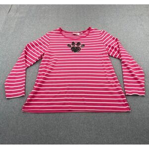 Quacker Factory Shirt Womens Medium Pink White Striped Paw Print Sequins Heart